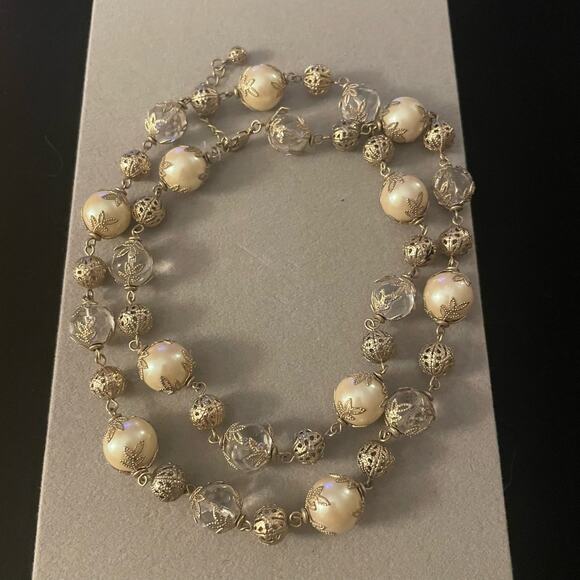 Vintage Two Tone Faux Pearl Clear Filigree Beaded Necklace - Picture 1 of 1